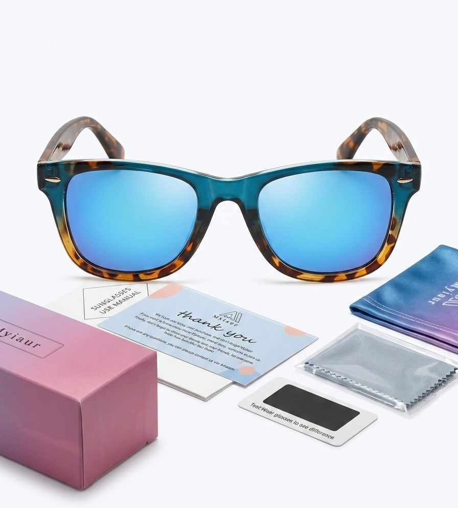 Myiaur Polarised Sunglasses Leopard Print Tortoise Frame Blue Mirrored Lens