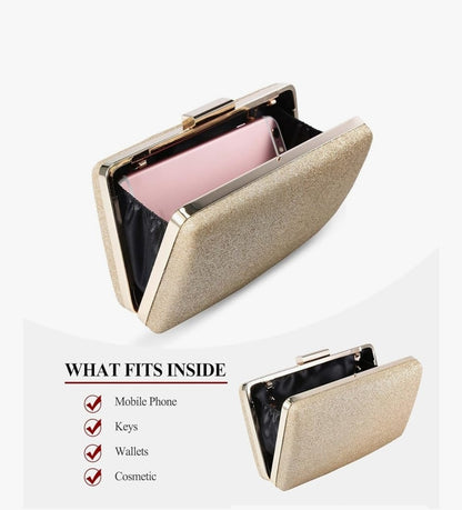 Gold Glitter Evening Clutch Bag Ladies Wedding Party Prom Bridal Handbag New