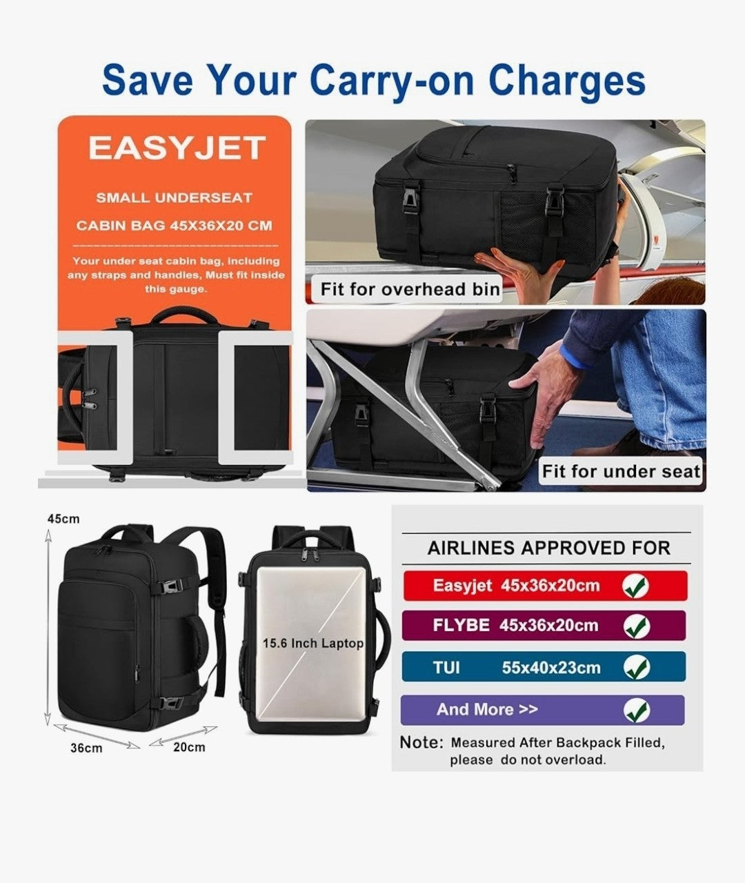 ENZOSUM Cabin Bag 45x36x20cm for EasyJet Underseat Personal Item Backpack Black