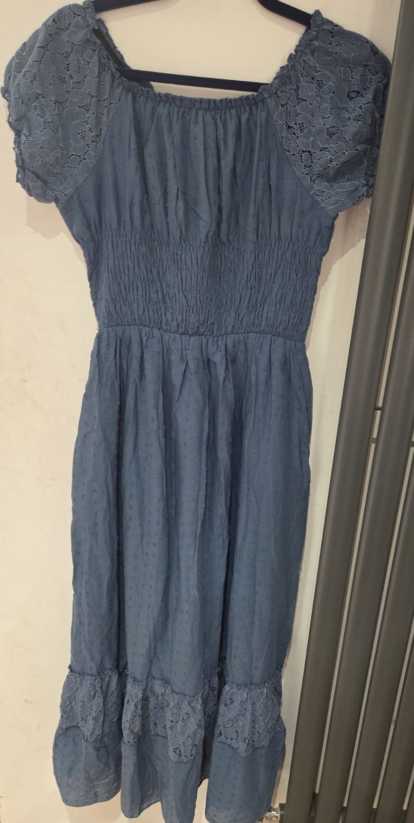 Anna-Kaci Dusty Blue Maxi Dress M BNWT Boho Swiss Dot Lace Crochet Summer