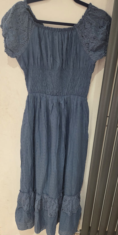 Anna-Kaci Dusty Blue Maxi Dress M BNWT Boho Swiss Dot Lace Crochet Summer