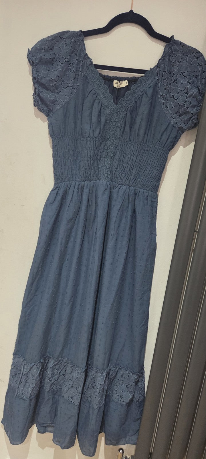 Anna-Kaci Dusty Blue Maxi Dress M BNWT Boho Swiss Dot Lace Crochet Summer