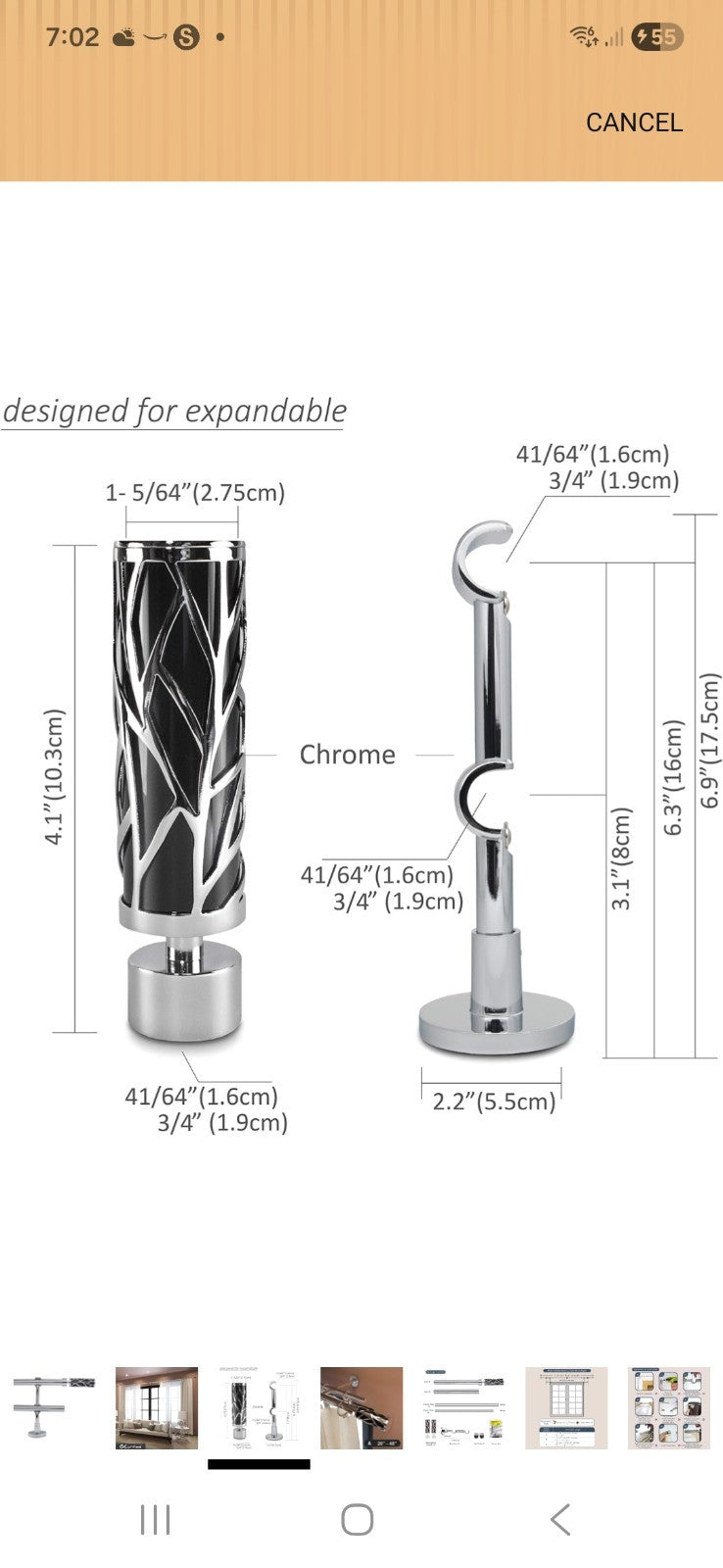 GC Curtain Extendable Chrome Double Curtain Pole Kit 70-120cm - Black & Silver