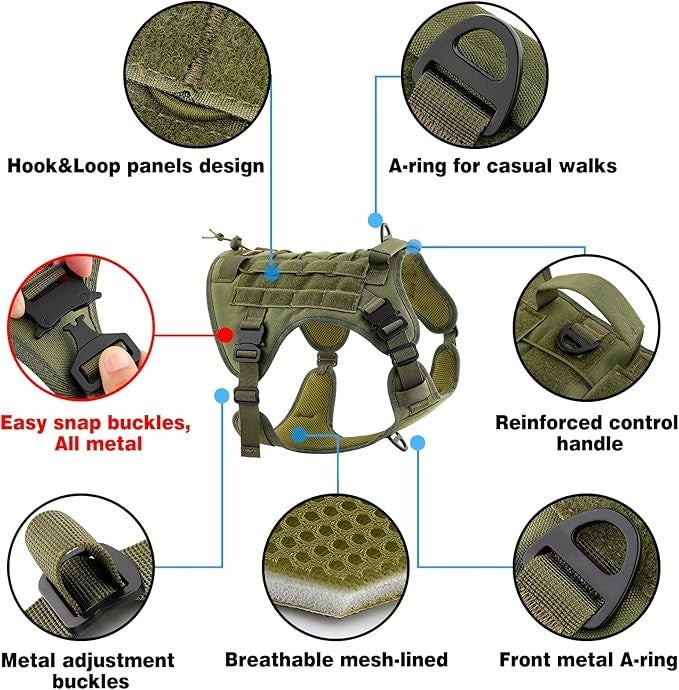 Plutus Pet Tactical Dog Harness with All Metal Buckles, Adjustable, No-pull