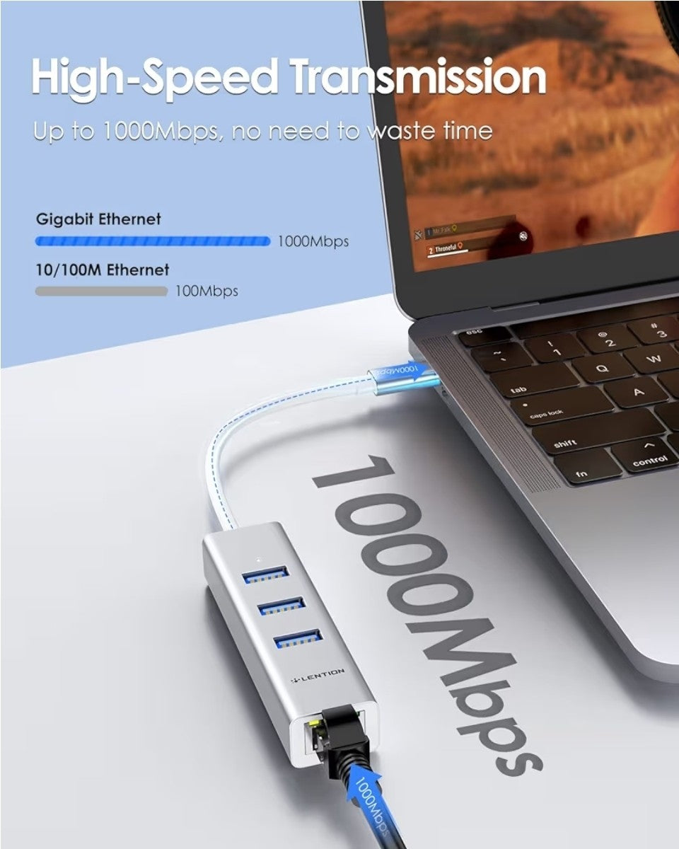LENTION USB-C Hub to 3x USB 3.0 + Gigabit Ethernet Adapter MacBook Pro Air iPad