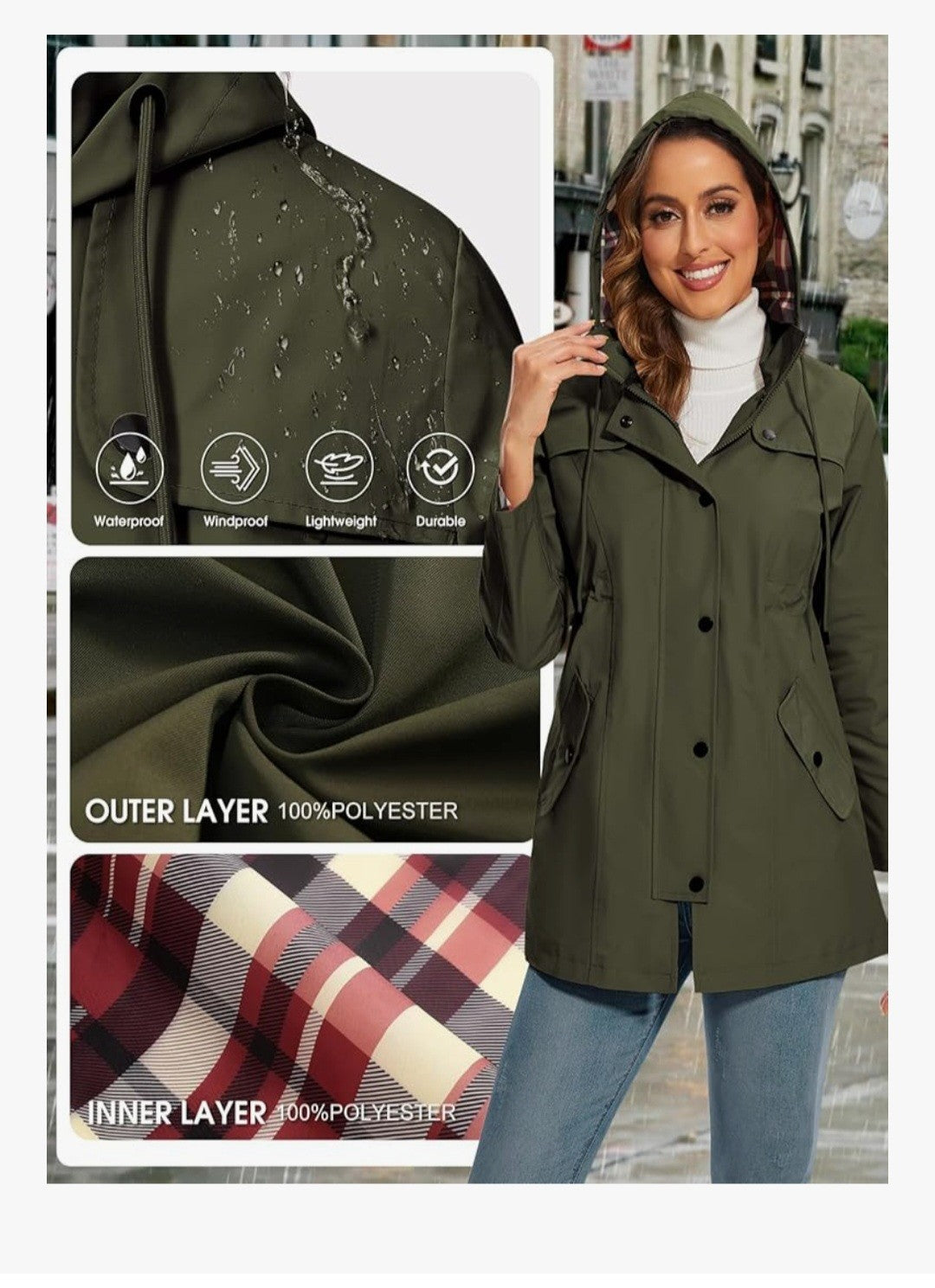 Women's Waterproof Jacket Long Rain Coats Hooded Rain Jacket Size S