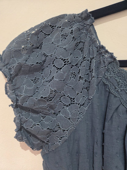 Anna-Kaci Dusty Blue Maxi Dress M BNWT Boho Swiss Dot Lace Crochet Summer