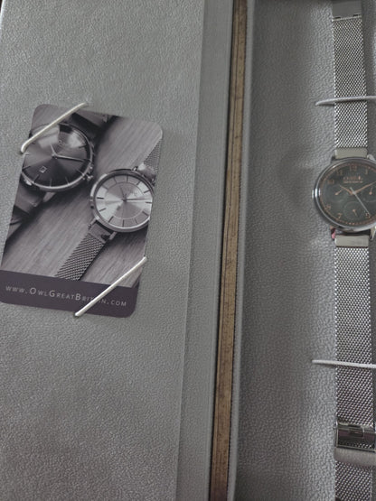 OWL Great Britain Helmsley Ladies Watch Silver Mesh Grey Multi Dial H8MSG New
