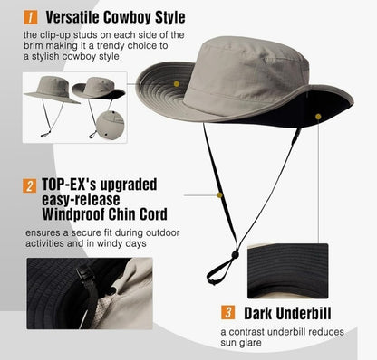 TOP-EX Men’s Sun Hat M/L Grey - Breathable Mesh Fishing Hiking Bucket Hat UV50+