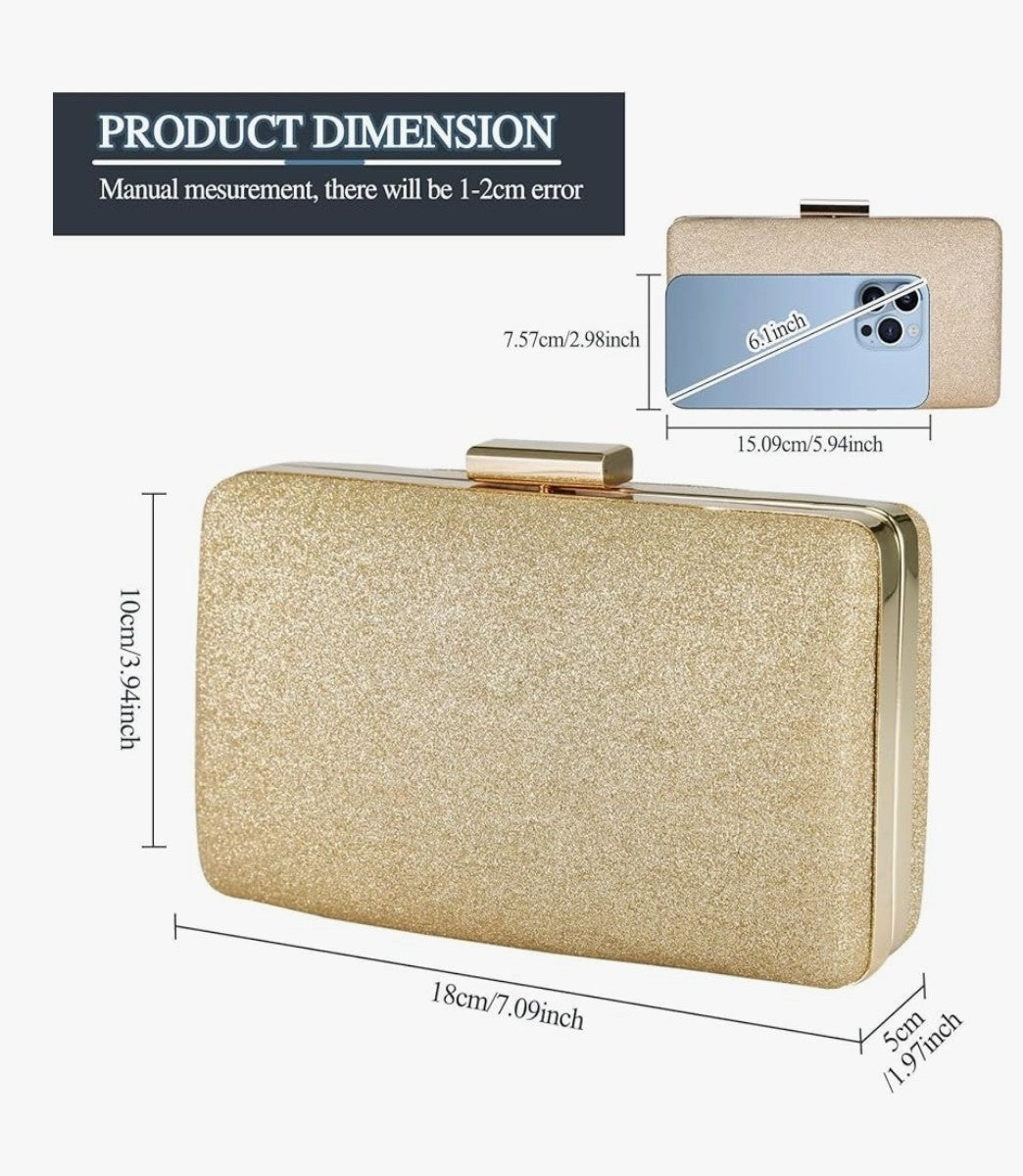 Gold Glitter Evening Clutch Bag Ladies Wedding Party Prom Bridal Handbag New