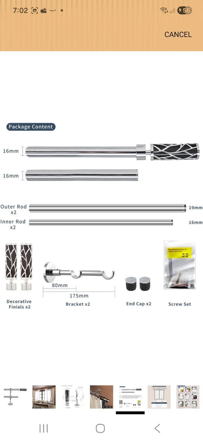 GC Curtain Extendable Chrome Double Curtain Pole Kit 70-120cm - Black & Silver